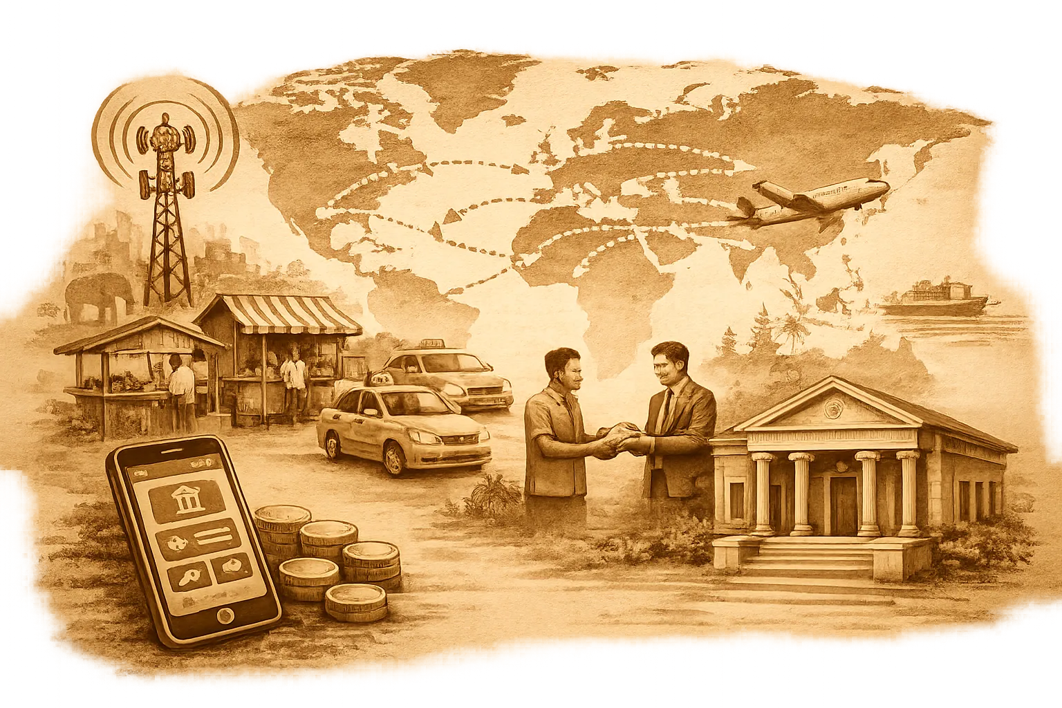 Sepia illustration of blockchain, banks, telecom towers, and mobile wallets connected across global remittance flows